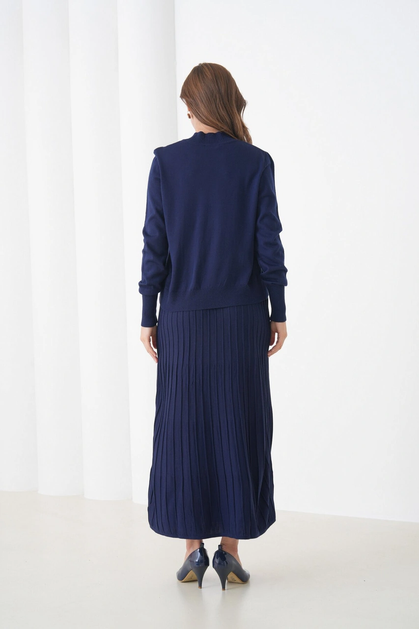 Kadın Pileli Etek Kazağı V Tasarım Tesettüre Uygun Örgü Triko Etek Kazak Takım Lacivert