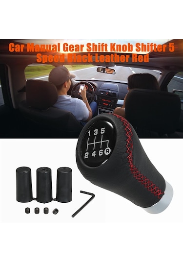 Kırmızı Araba Manüel Vites Topuzu Shifter Siyah Deri Kırmızı Dikiş 6 Hız Evrensel