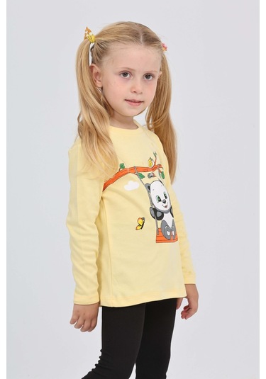 Toontoy Kız Çocuk Sallanan Panda Baskılı Sweatshirt Açık Sarı