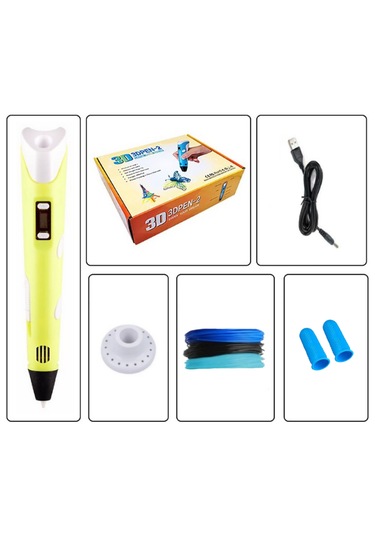 Sarı 3D Kalem 3D Pen Yazıcı Kalem – 3 Adet 3 Metrelik PLA Filament (Toplam 9M) + USB Kablo