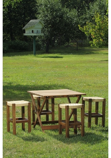 Ceviz Rengi Ahşap Hasır Örgülü Büyük Boy Tabure 2 Adet