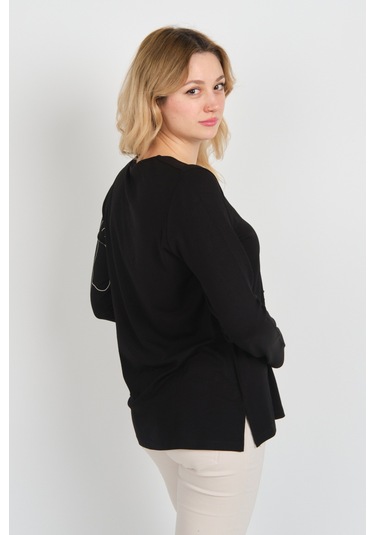 Detay Triko Kadın Boncuk İşlemeli Desenli Uzun Kol Anne Bluz 5737 Siyah Siyah