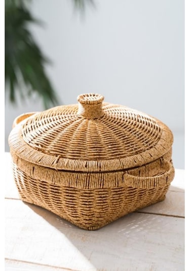 Digithome Rattan Hasır Kapaklı C Ok Amac Lı Depolama Mutfak Banyo Sepeti 28.5 Cm - Kahverengi Kahverengi