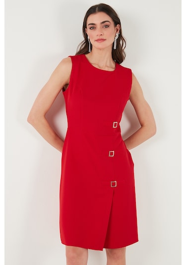 Lela Standart Fit Kemerli Bisiklet Yaka Mini Bayan Elbise 611El1964 Kırmızı