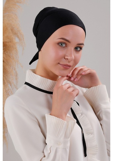 Tesettür Geçmeli Bağcıklı Viskon Likralı Dikişsiz Bone Siyah Siyah