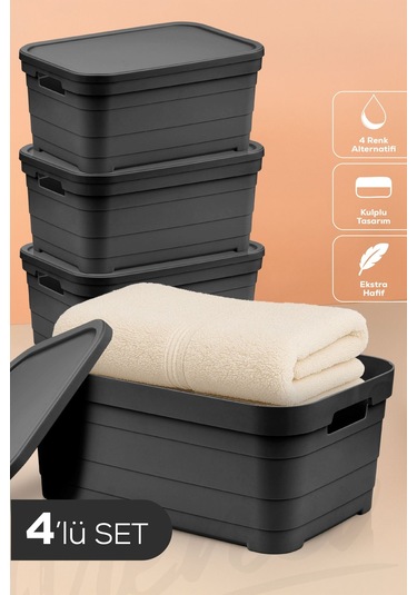 4'lü Kapaklı 10,8 Litre Saklama Kutusu Antrasit Antrasit