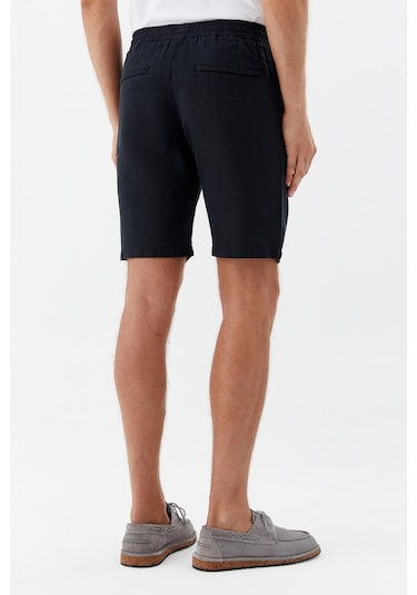 Sabri Özel Erkek Siyah Normal Kesim Regular Fit %100 Keten Lastikli Bel Bermuda Şort