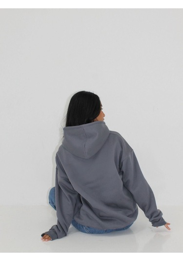 Studio Co. %100 Pamuk Sweatshirt - Antrasit Baskılı Oversize Kışlık İçi Polarlı Kapüşonlu Antrasit