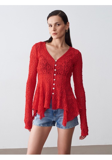 Dilvin 60433 Düğmeli Peplum Dantel Hırka-kırmızı