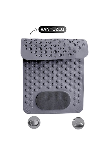 Vantuzlu Dikdörtgen Banyo Duş Kaydırmaz Paspas, Küvet İçi Banyo Zemini Ayak Masaj Halısı 70x36cm Gri