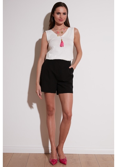 Lela Slim Fit V Yaka Kalın Askılı 2' Li Paket Bayan Bluz 5864384S2 Siyah-Ekru