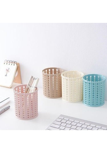 Yaratıcı Rattan Plastik Kalem Tutucu Içi Boş Kutular Öğrenci Masaüstü Ofis Kırtasiye Kova Kalem Bej
