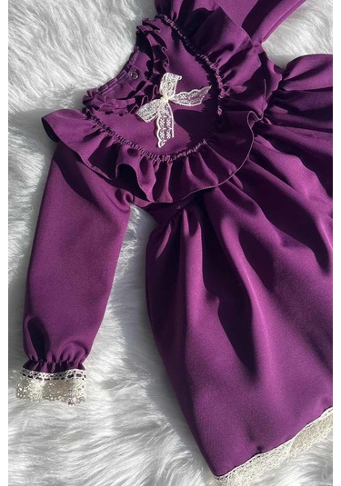 Dantel Ve Fırfır Detaylı Mor Kız Çocuk Bebek Tasarım Elbise 001