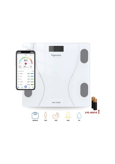 Bigmate BGT-7001B Beyaz Wi-Fi Bağlantılı Bluetooth Özellikli Akıllı Tartı