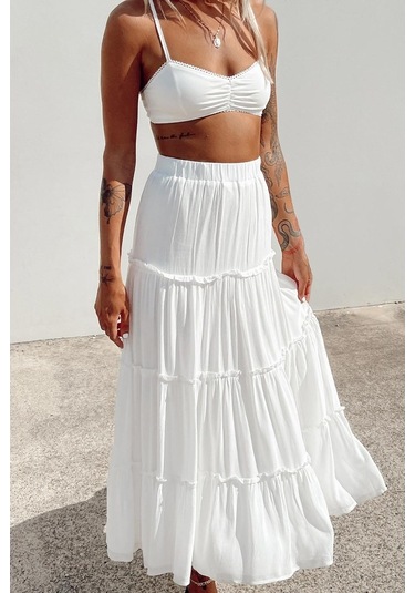 Beyaz Basic Pileli Kadın Uzun Etek Beyaz