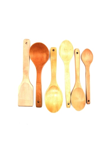 Elegancev Cilalı Ahşap Servis Kepçe Kaşık Spatula Servis Seti 6'lı
