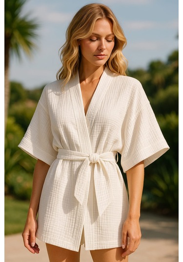 S-mall Bürümcük Müslin Kadın Kimono - Bağlamalı - Kısa Kollu - Beyaz Beyaz