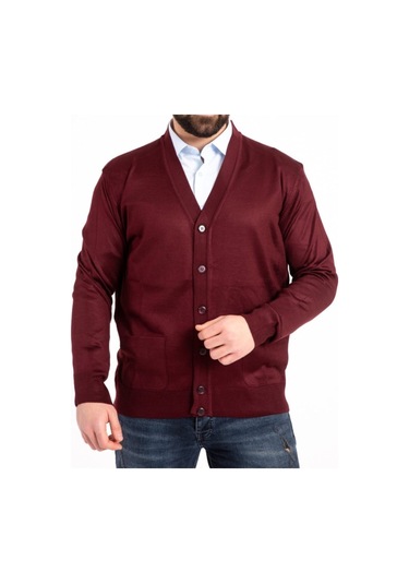 Nacar Store Erkek Düğmeli Ince Yün Triko Örme Baba Hırka Bordo