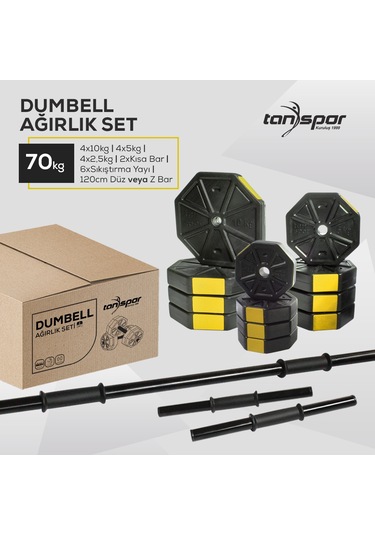 Tan Spor 70 KG Dambıl Halter Ağırlık Fitness Düz Bar Seti Kırmızı Kapaklı 150 CM