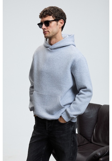 AMOS Erkek Yumuşak Kumaşlı 3 İplik Oversize Kapüşonlu Kanguru Cepli Grimelanj Sweatshirt