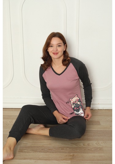 Fawn 04-3024 İnterlok Kumaş Minnoş Kedili Kışlık Ev Kadın Pijama Takımı Koyu Lila