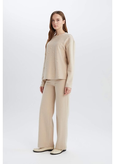 DeFacto Triko Pantolon Wide Leg Geniş Bol Paça Selanik Kumaş Basic Düz D0361AX24AUBG122