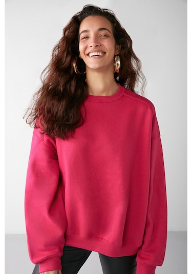 VANELTINA  Kadın Bisiklet Yaka İçi Polarlı Oversize Fit Basic Pembe Sweatshirt