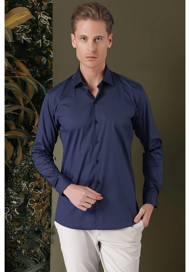 Gk 709 Slim Fit Lacivert Klasik Gömlek Lacivert