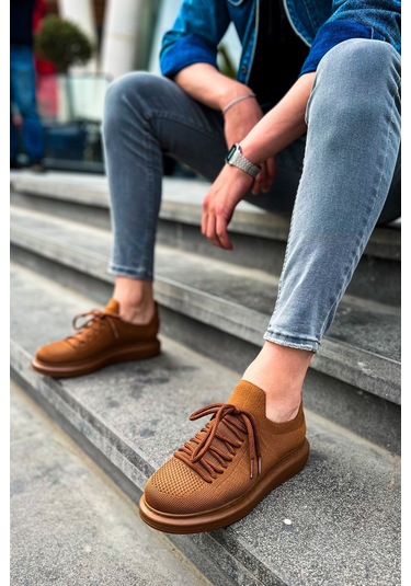 Pabucmarketi Bağcık Detaylı Triko Kumaş Erkek Spor Ayakkabı Kahve Çok Renkli