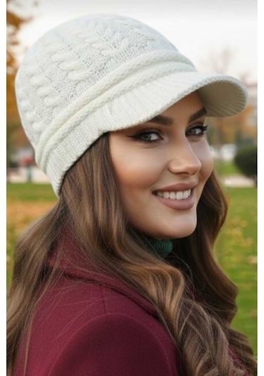 Tezzgelsin Kadın Çift Kat Siperli Triko Örme Bere Triko Bere Krem