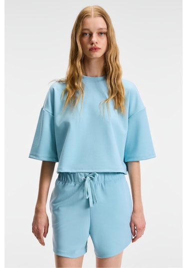 VELA Kadın Esnek Kumaşlı Bisiklet Yaka Oversize Fit Mavi T-Shirt