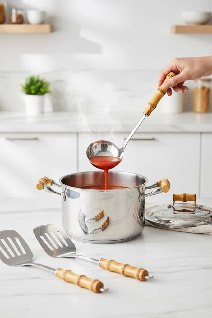 Bambum Mundo 4 Parça Bambu Saplı Çelik Mutfak Gereç Seti Çeyiz Seti Kaşık Kevgir Kepçe