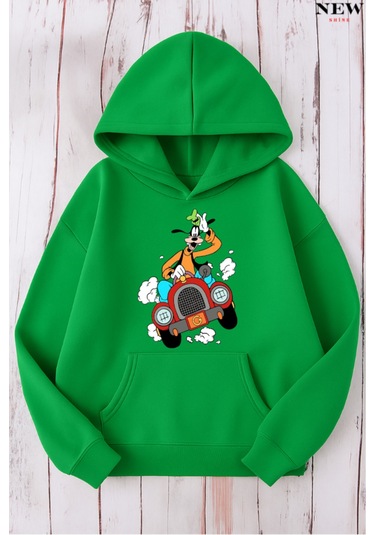 Arabalı Goffy Baskılı Sweatshirt Yeşil