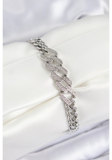 Pirinç Zirkon Taşlı Ezme Küba Zincir Model Gümüş Renk Kadın Bileklik - Tj-bb7550 Çok Renkli