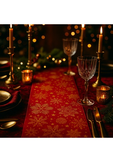 Kırmızı Gold Yılbaşı Masa Runner I Kar Tanesi Desenli Duck Dokulu 40x140 Cm Kırmızı