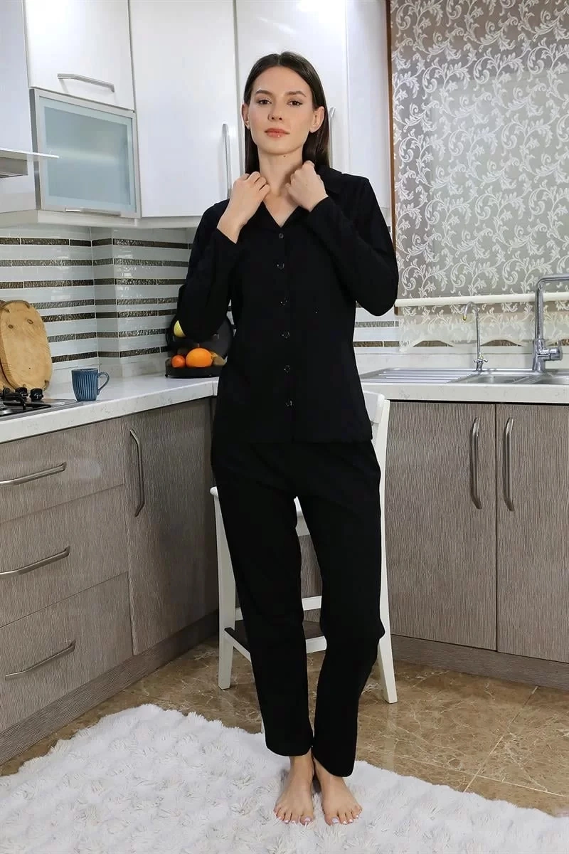 Moda Kadın Pamuk Penye Önden Düğmeli Uzun Kol Pijama Takım Siyah Siyah
