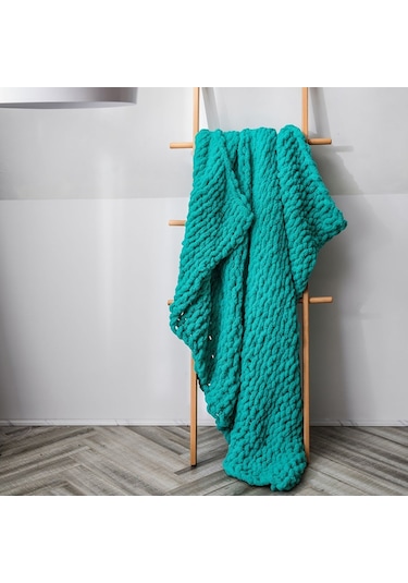 Sones El Yapımı Kalın Yün Örgü Battaniye Kanepe Şönil Çubuk Örgü Battaniye, Boyut: 80 X 100 Cm Yeşil