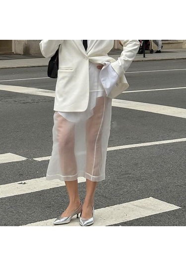 Seksi Şeffaf File Etek Kadın Beyaz Yüksek Bel Yırtmaçlı Bol Uzun Etekler Sonbahar Sokak Modası Kulüp Parti Eteği Kadın Beyaz