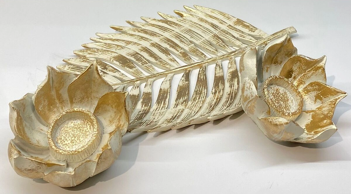 Dekoratif Polyester İkili Çınar Yaprak Mumluk Krem Gold Eskitme
