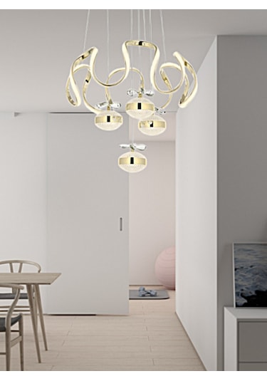 3 Renk Kademeli Ledli Avize Modern Sarkıt Kelebek Kristal Taşlı Led Avize Gold Sarı SARI