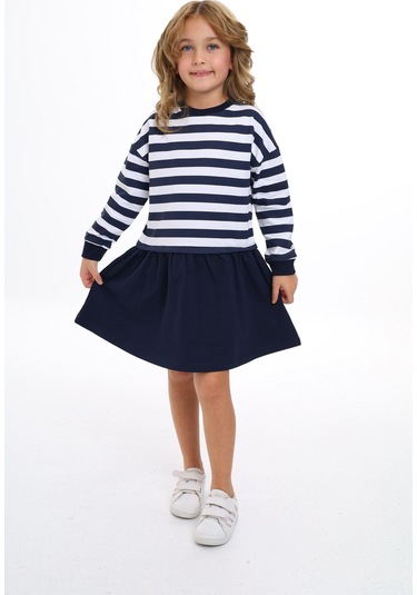 Toontoy Kız Çocuk Bisiklet Yaka Çizgili Elbise Lacivert