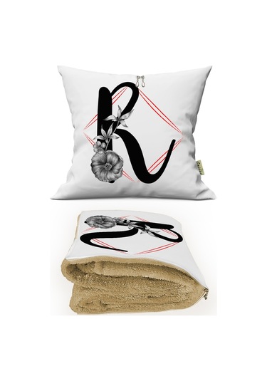 R HARFİ Baskılı Kişiye Özel Opsiyonel Battaniyeli Yastık Kırlent 2 in 1