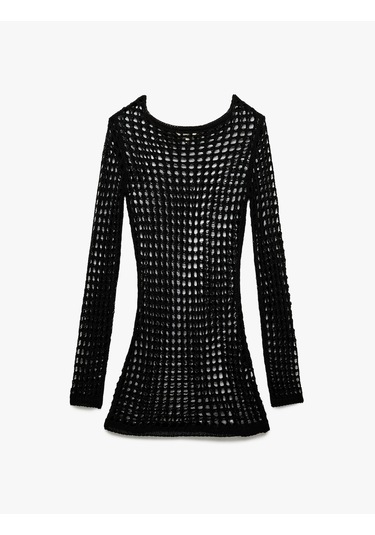 Koton Slim Fit Uzun Kollu Bisiklet Yaka Mini Kroşe File Plaj Elbisesi Siyah 5sak80001mt Siyah