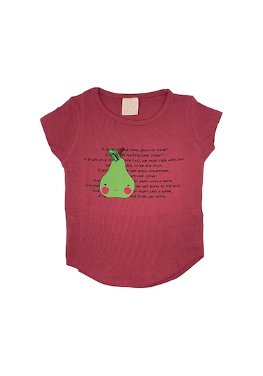 Kız Çocuk Nar Çiçeği Renk Pamuklu Oval Kesim Armut Desenli Kısa Kollu T-shirt Narçiçeği