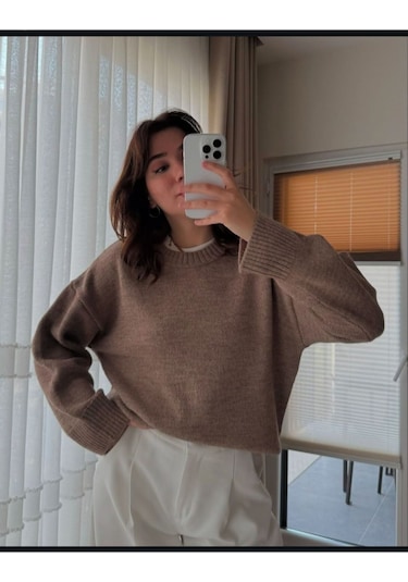 Kozia Outdoors Bisiklet Yaka Salas Oversize Triko Kazak Kahverengi