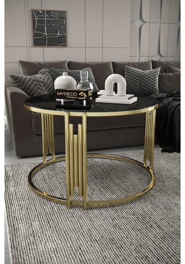 Piyano Tekli Orta Sehpa Gold Ayak Siyah Ayna