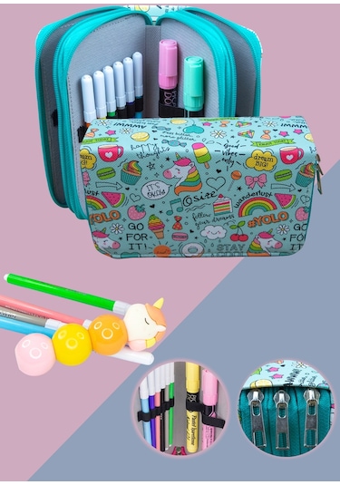 Kalem Kutusu Yolo Unicorn Kawaii Orginazer Vegan Deri Üç Bölmeli Kalemlik Yeşil