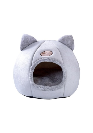 Geeroyoo Kedi Köşesi Kışlık Sıcak Kapalı Desenli Yumuşak Tüy Dolu 35 Cm 12 Kg'a Kadar Uygun Gri Renkli Ev