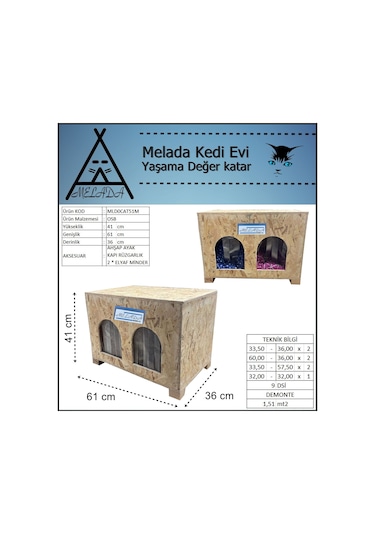 Melada Kedi Evi Dış Ortam Uygun Ahşap Kedi Evi Double Osb Minderli 61x41x36 Cm