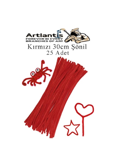 Şönil 30 Cm 25 Li 1 Paket Renkli Tüylü Tel Okul Öncesi Anasınıfı Kreş Hobi Eğitici Şönil Pipo Temizleyici Tüylü Tel Kırmızı